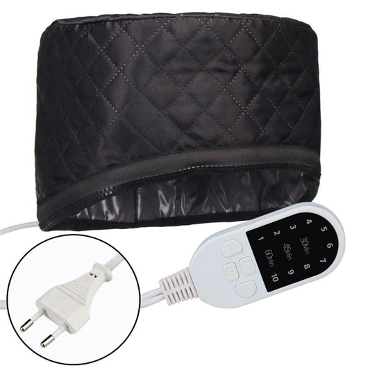 Black electric hair steamer cap with control panel remote and power cord