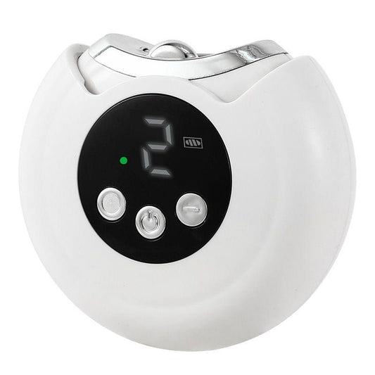 White electric nail clipper with round black control panel and digital speed display