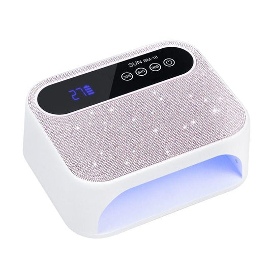 Sparkly diamond rhinestone UV nail lamp, white base with black control panel