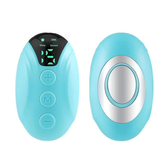 Handheld blue device with LCD screen and plus, minus, mode buttons