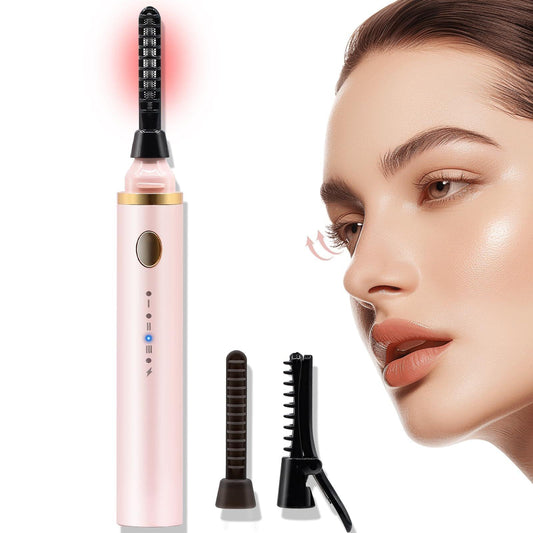 Pink heated lash curler brush with black bristle head and included attachments
