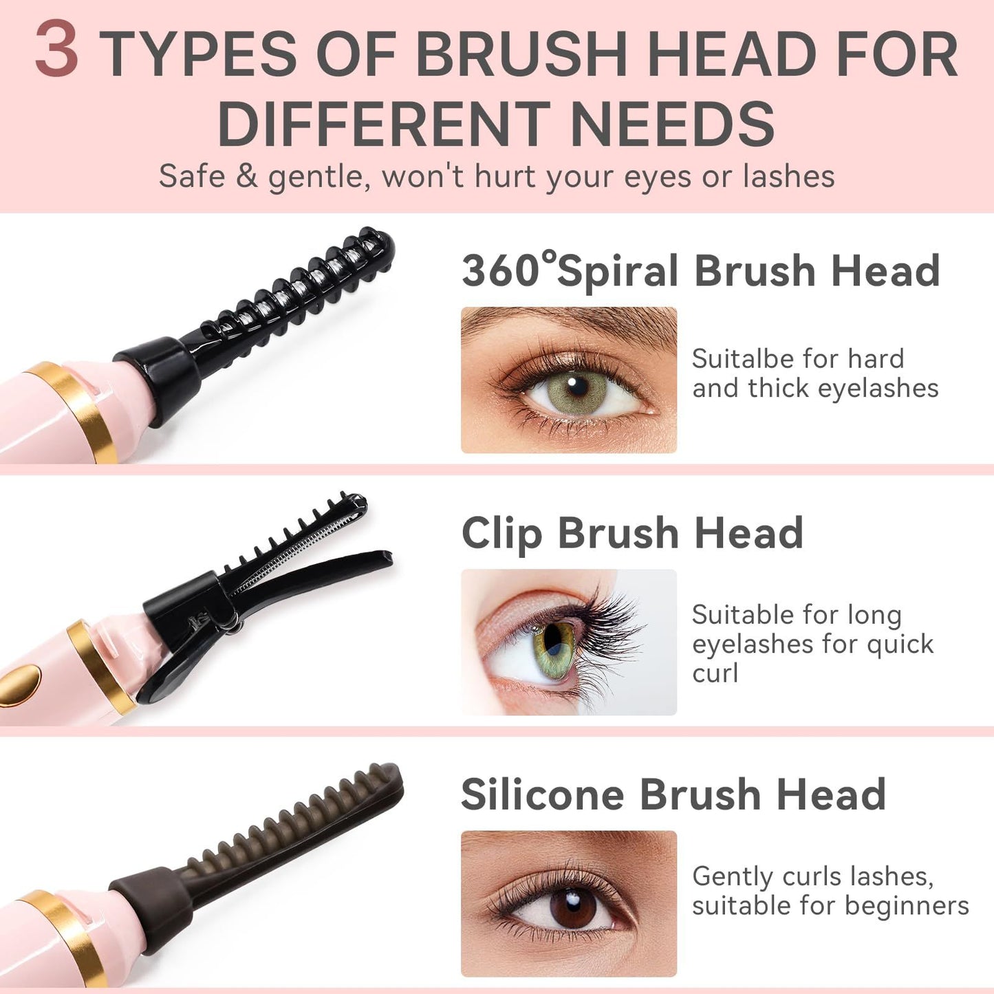 360° Heated Lash Brush Rechargeable with 3 Brush Heads & 3 Temp & 5s Fast Heating【Lengthen/Define/Curler】 3-in-1 Lash Curler for All Types of Lashes 【pink】