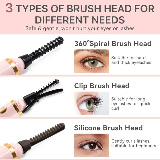 Heated lash curler with three brush heads: spiral, clip, and silicone
