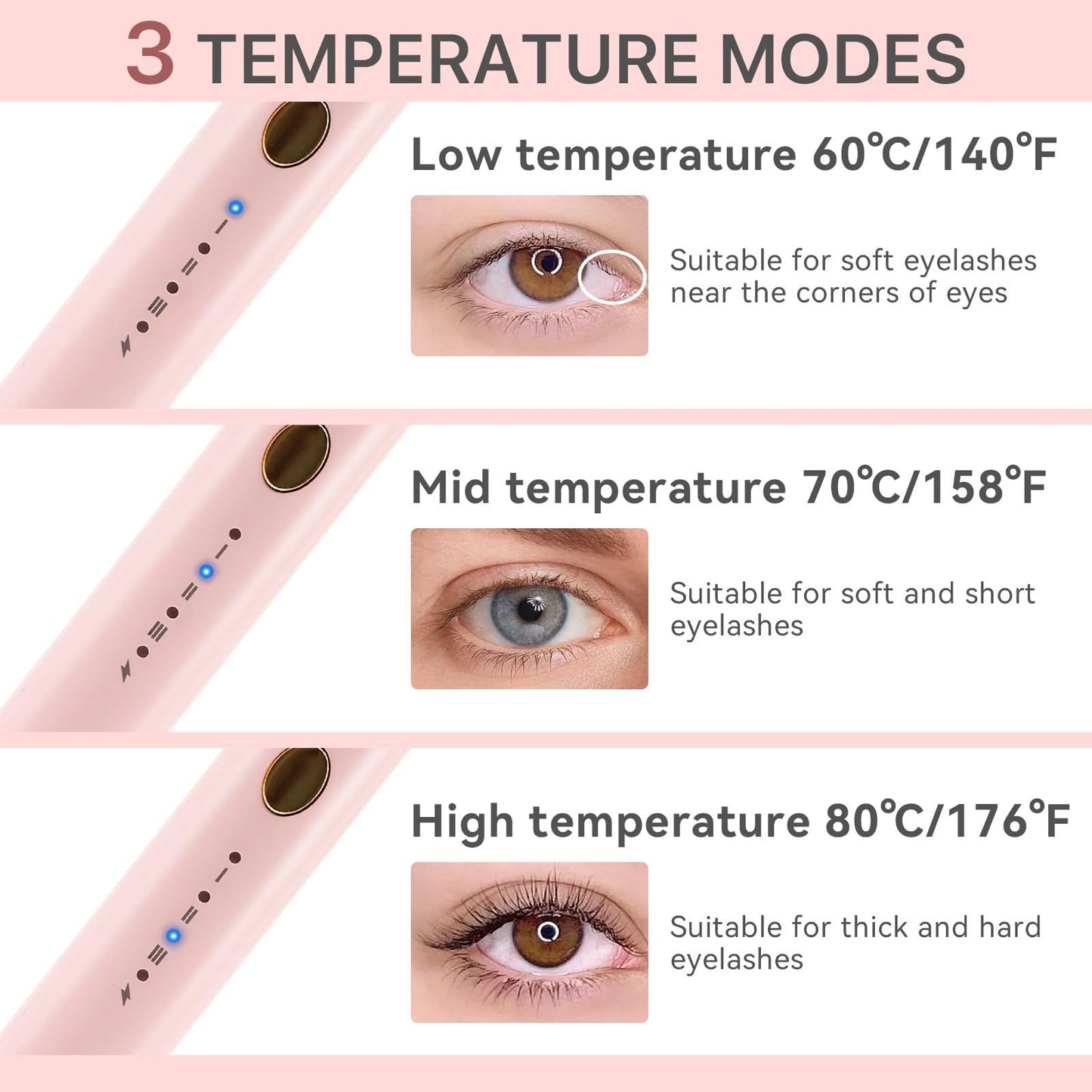 360° Heated Lash Brush Rechargeable with 3 Brush Heads & 3 Temp & 5s Fast Heating【Lengthen/Define/Curler】 3-in-1 Lash Curler for All Types of Lashes 【pink】