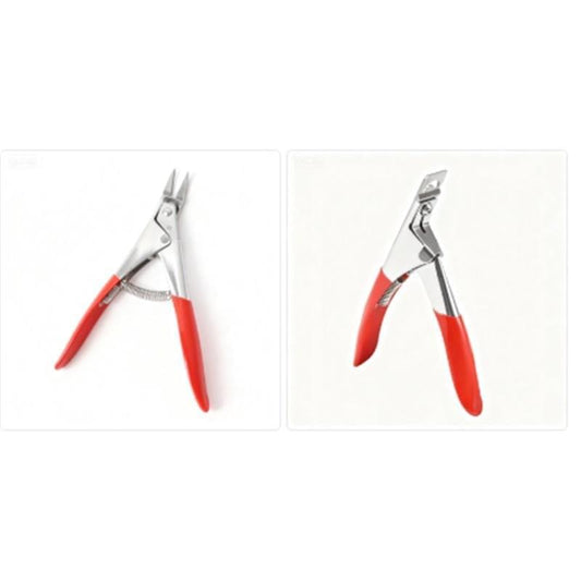 Red and silver nail clipper scissors tool for trimming acrylic nail tips