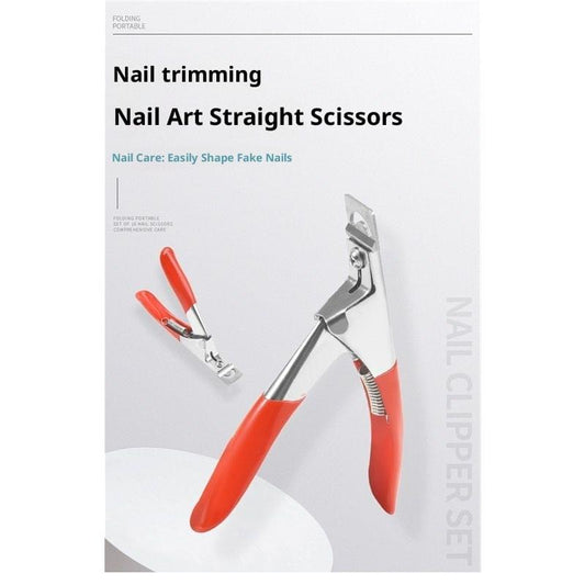 Red nail trimming clipper with silver straight scissor blades for nail tips