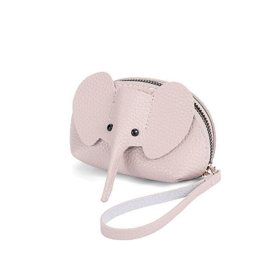 Pink leather elephant coin purse with zip closure and wrist keychain strap