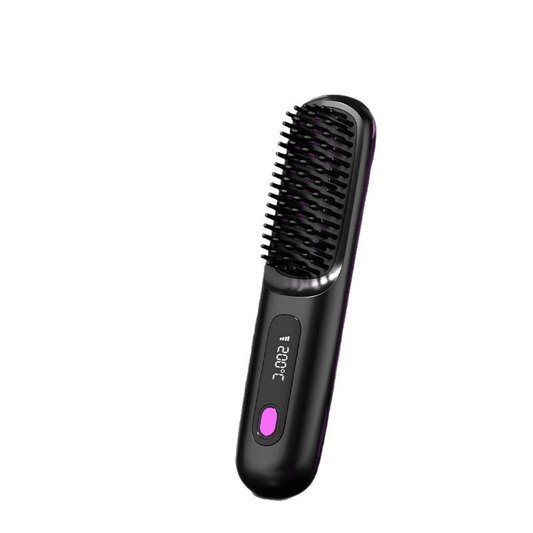 Cordless hair straightening comb brush, black body with purple button and heat display.