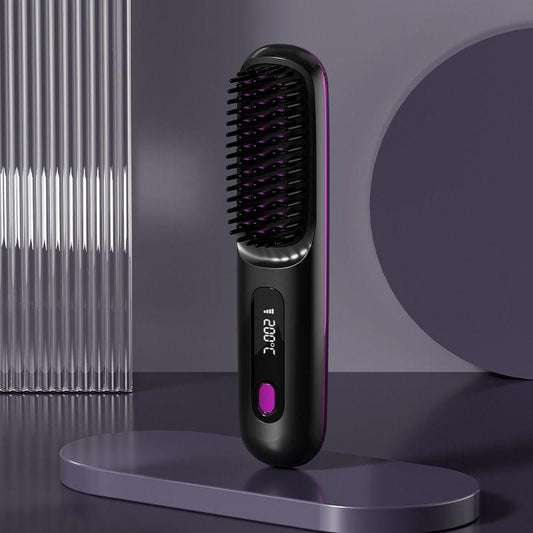 Cordless hair straightening comb brush with black body and purple indicator light.