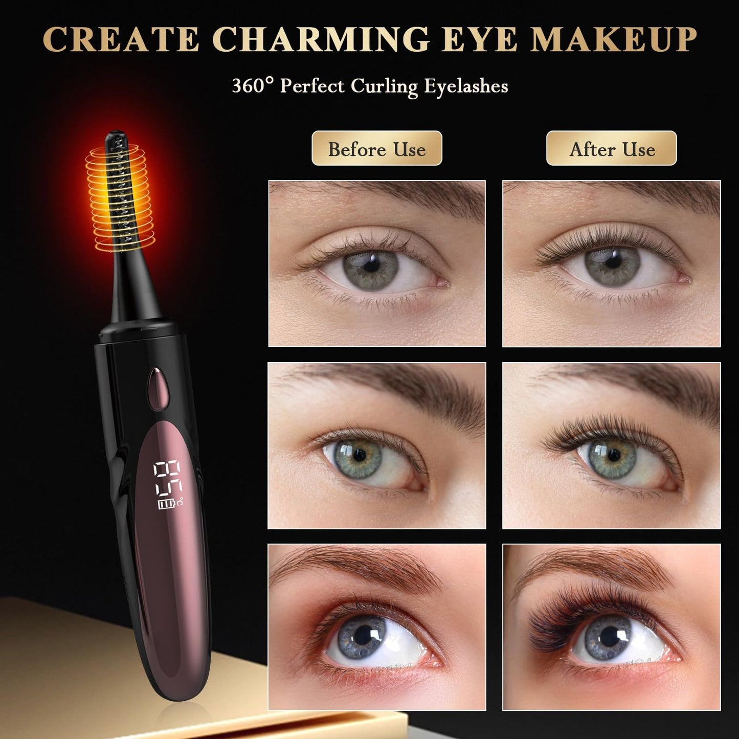 Heated Eyelash Curler Heated Lash Curler 24 Hours Long Lasting Electric Eyelash Curler Fast Heat Up Within 10s Heat Eye lash curlers for Women Rechargeable （Black silicone head）