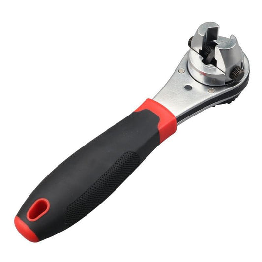 Adjustable ratchet socket wrench with black and red textured grip and flex head