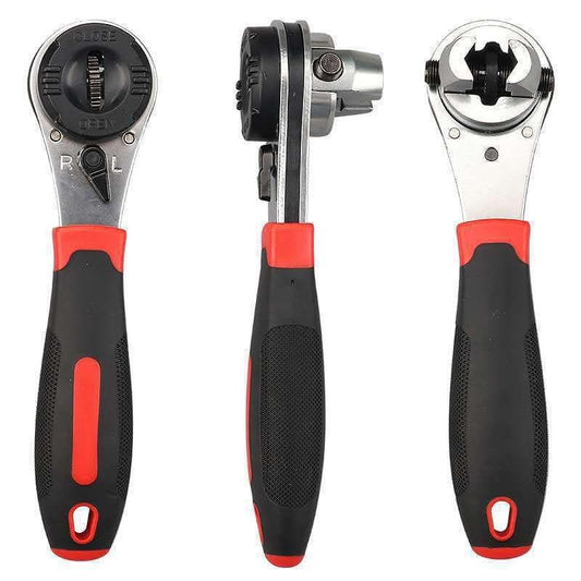 Adjustable ratchet socket wrench shown from three angles with red-accented handle
