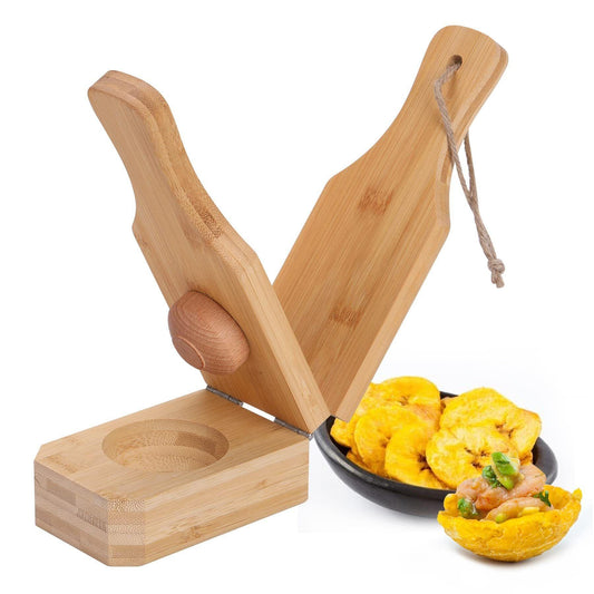 Wooden plantain tostone press with curved handles and round pressing base, natural wood