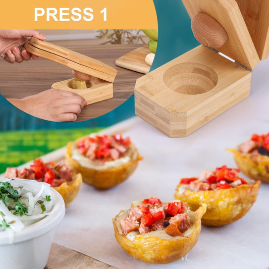 Wooden plantain press with flat base and two handles, showing pressing position