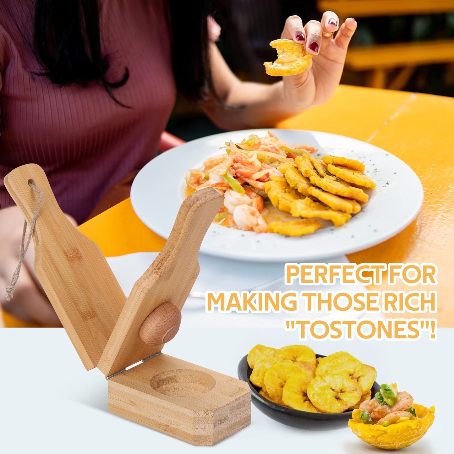 Wooden Tostonera Plantain Press Banana Smasher Maker Green Plantain's Wood Press  2 in 1 Wooden Crispy Green Plantain Tostones Press for Fried Plantains Chips &Tostones Cups