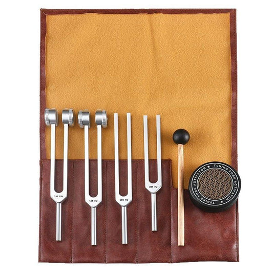Tuning fork healing set in brown leather pouch with metal forks and sound disc