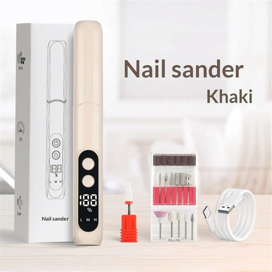 Khaki electric nail drill with LED display and included grinding bits, USB cable