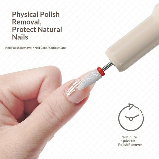 Electric nail drill with a spinning bit held to a fingernail