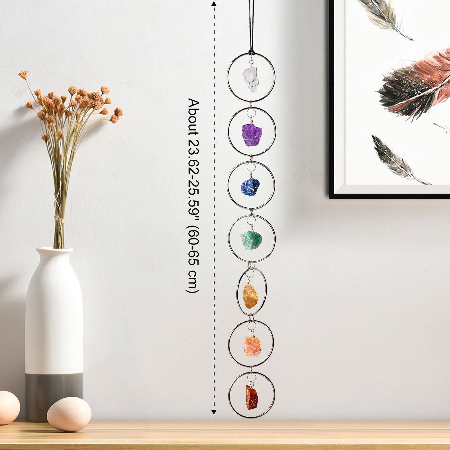 7 Chakra Crystal Hanging Ornament, Unique, Spiritual Boho Wall Decor, Raw Chakra Stones Amethyst Suncatcher, Rose Quartz Crystal (Gold)