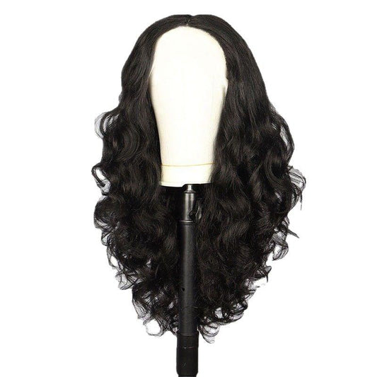 Black synthetic curly lace frontal wig on stand, glueless, natural hairline