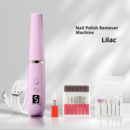 Lilac cordless electric nail drill with grinding heads, bit case, and USB cable