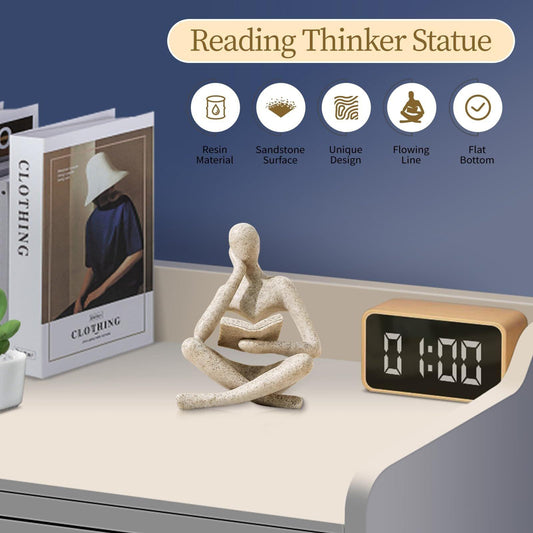 Beige reading thinker statue figurine, kneeling reading pose with open book