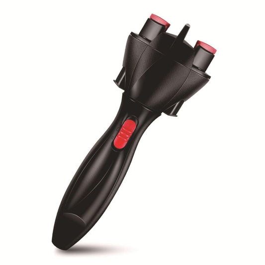 Black automatic hair braiding tool with red buttons and multi-prong top