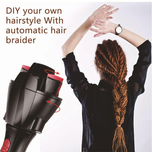 Black automatic hair braider tool held in hand, with braid styling shown