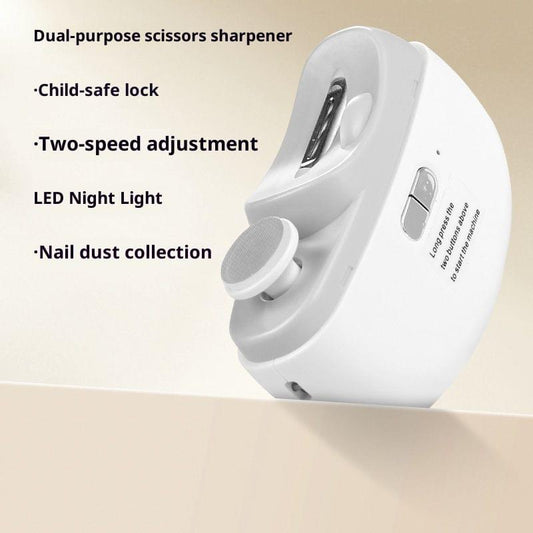 White dual-speed electric nail trimmer with dust collection port and LED area