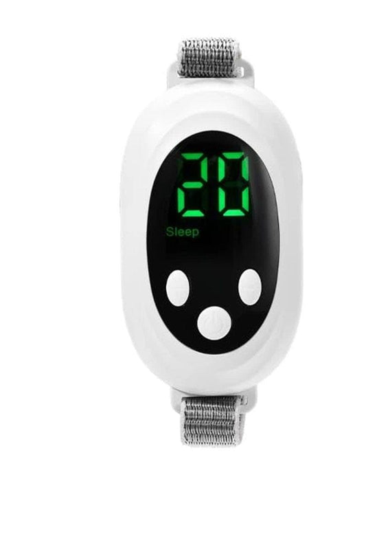 White sleep aid device on wrist strap with green digital timer and face icon