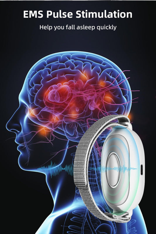 Pulse stimulation graphic with white ring pad and handheld control unit, blue glow
