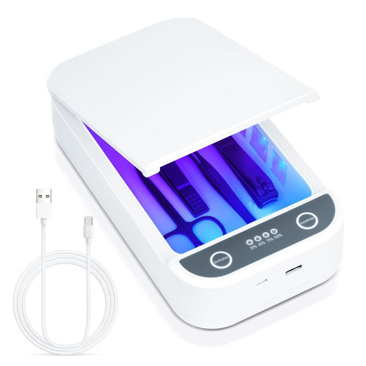 White nail tool sterilizer with blue light window, open lid, and USB cable