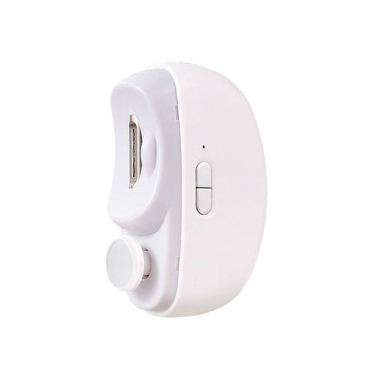 White rechargeable electric nail trimmer with metal filing head and side control button