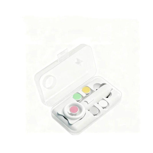 White baby nail clipper kit case with rounded nail grinding discs and safety guard