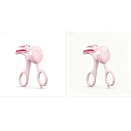 Pink heated eyelash curler with finger loop handles and open clamp, two angles