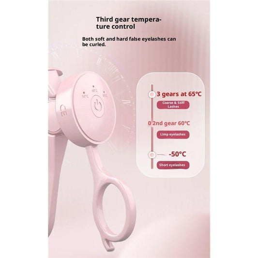 Pink heated eyelash curler with control dial and curved clamp head