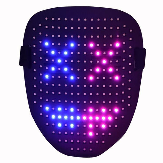 LED face mask with purple and blue dotted grid lights on dark fabric
