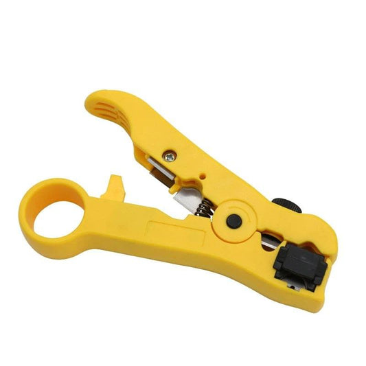 Yellow handheld universal wire stripper with cutting blade and coax stripping slot