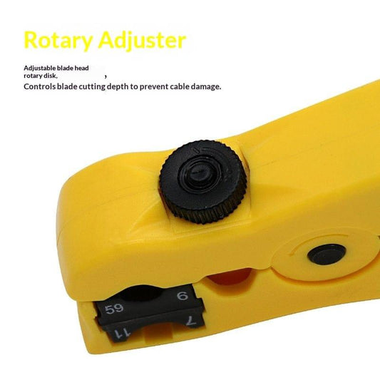 Yellow wire stripper end with rotary adjuster dial and adjustable blade head
