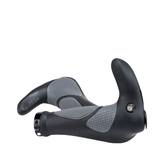 Bike handlebar grips with horn handle, black with gray textured gel pads and screw