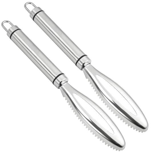 Pair of stainless steel fish scaler tools with serrated blades and hanging loops