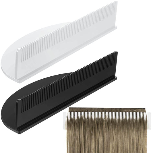 Hair extension holder set with white and black acrylic comb stands and hair swatch