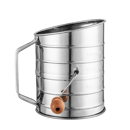 Stainless steel rotary hand crank flour sifter with loop agitator and wooden handle