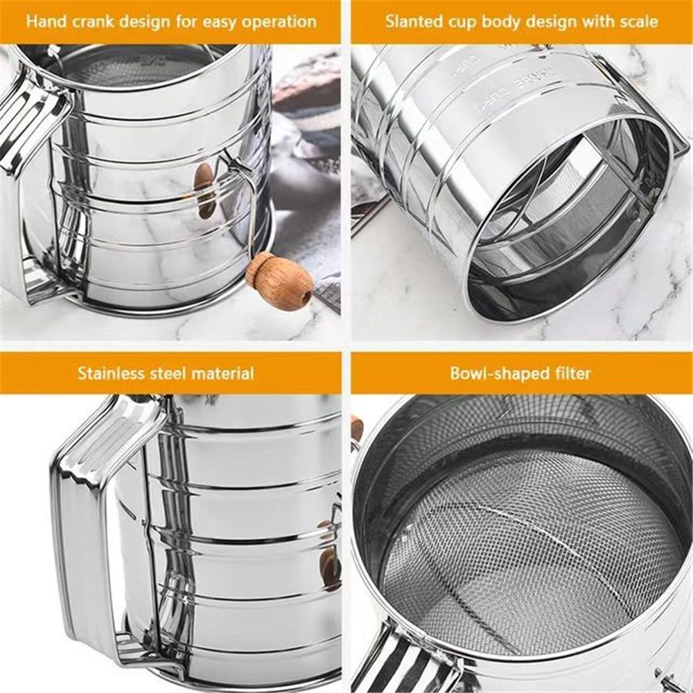 Flour Sifter for Baking Fine Mesh Rotary Hand Crank with Loop Agitator for Quick Sifting, Flour Sifter Stainlees Steel