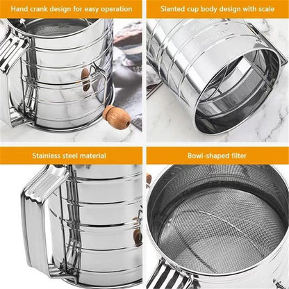 Flour Sifter for Baking Fine Mesh Rotary Hand Crank with Loop Agitator for Quick Sifting, Flour Sifter Stainlees Steel