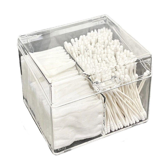 Clear three-compartment vanity storage box with cotton pads and swab sticks
