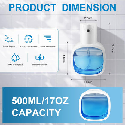 Automatic Foaming Soap Dispenser with 500ml/17oz Capacity, Touchless Soap Dispenser with 4 Level Adjustable, Rechargeable, Wall-Mounted, Waterproof for Kitchen, Bathroom, Hotel, Restaurant（Excluding liquids）