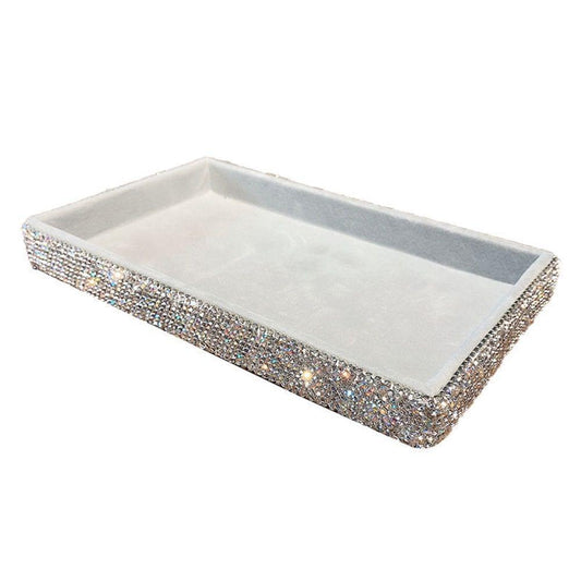 Diamond-encrusted jewelry tray with glitter border and light beige insert, rectangular