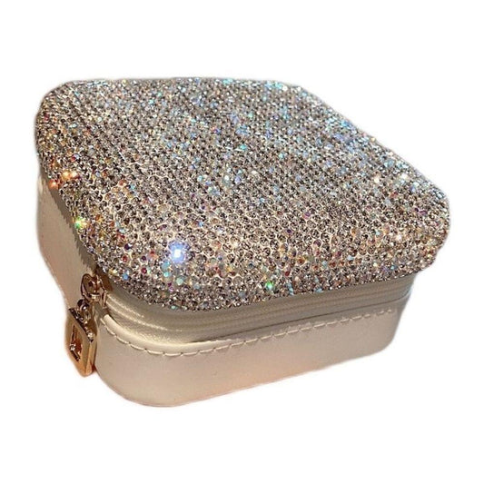 Rhinestone jewelry organizer pouch with gold zipper, beige PU base