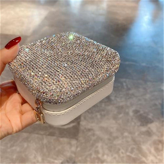 Rhinestone jewelry organizer pouch, beige PU with gold zipper